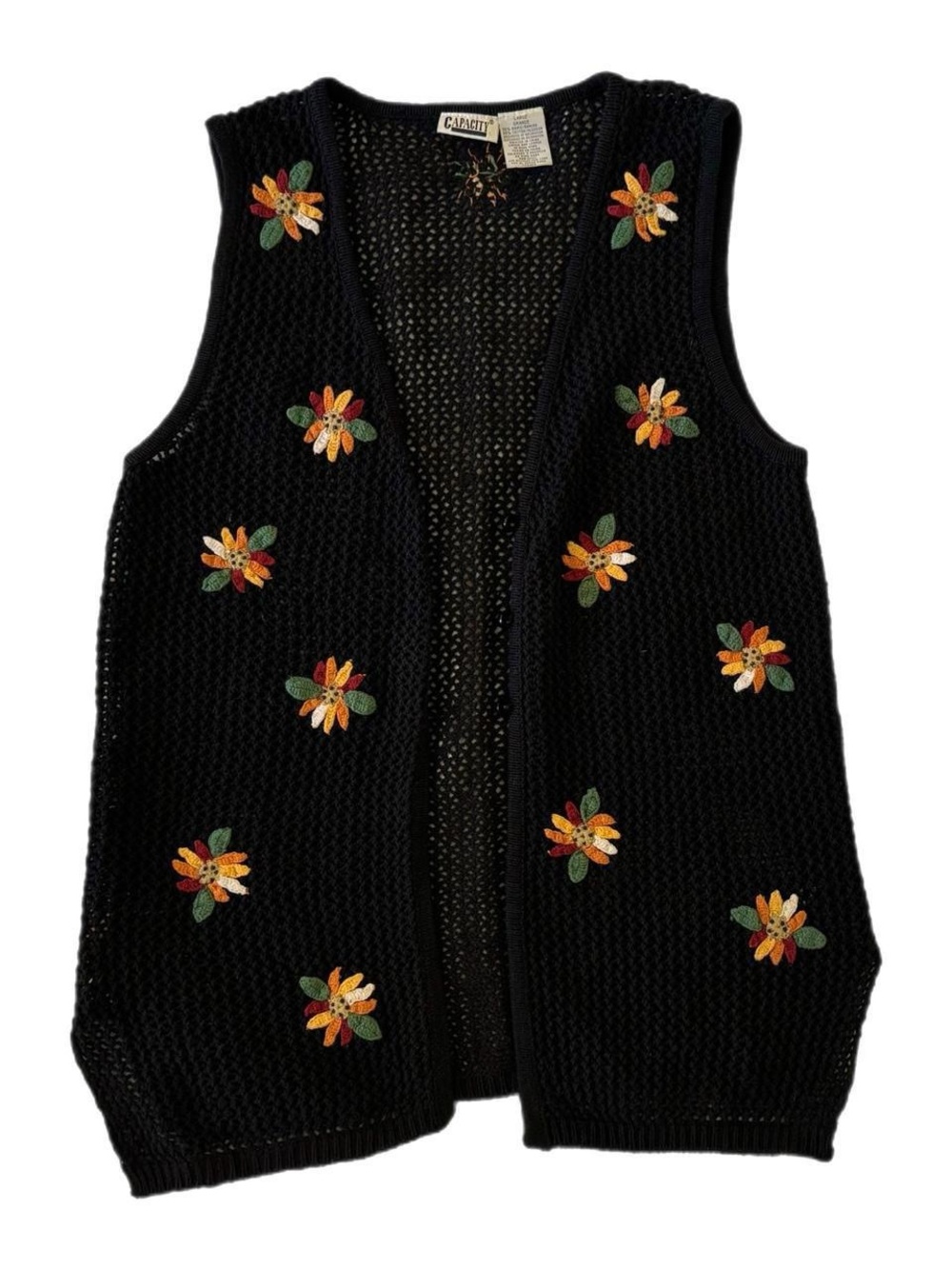 Capacity Bohemian Cotton/Ramie Black Floral Embroidered Crochet Loose Knit Vest